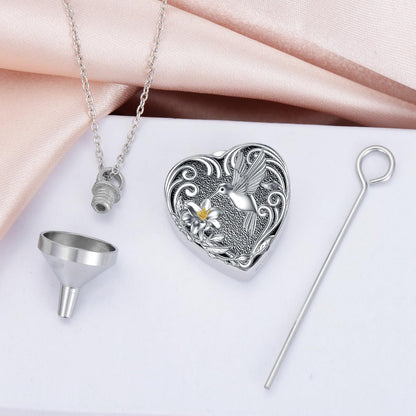 TOUPOP Hummingbird Urn Necklace for Ashes 925 Sterling Silver Heart Cremation Jewelry Keepsake Pendant with Funnel Filler Memorial Christmas Gifts for Women Mom Wife