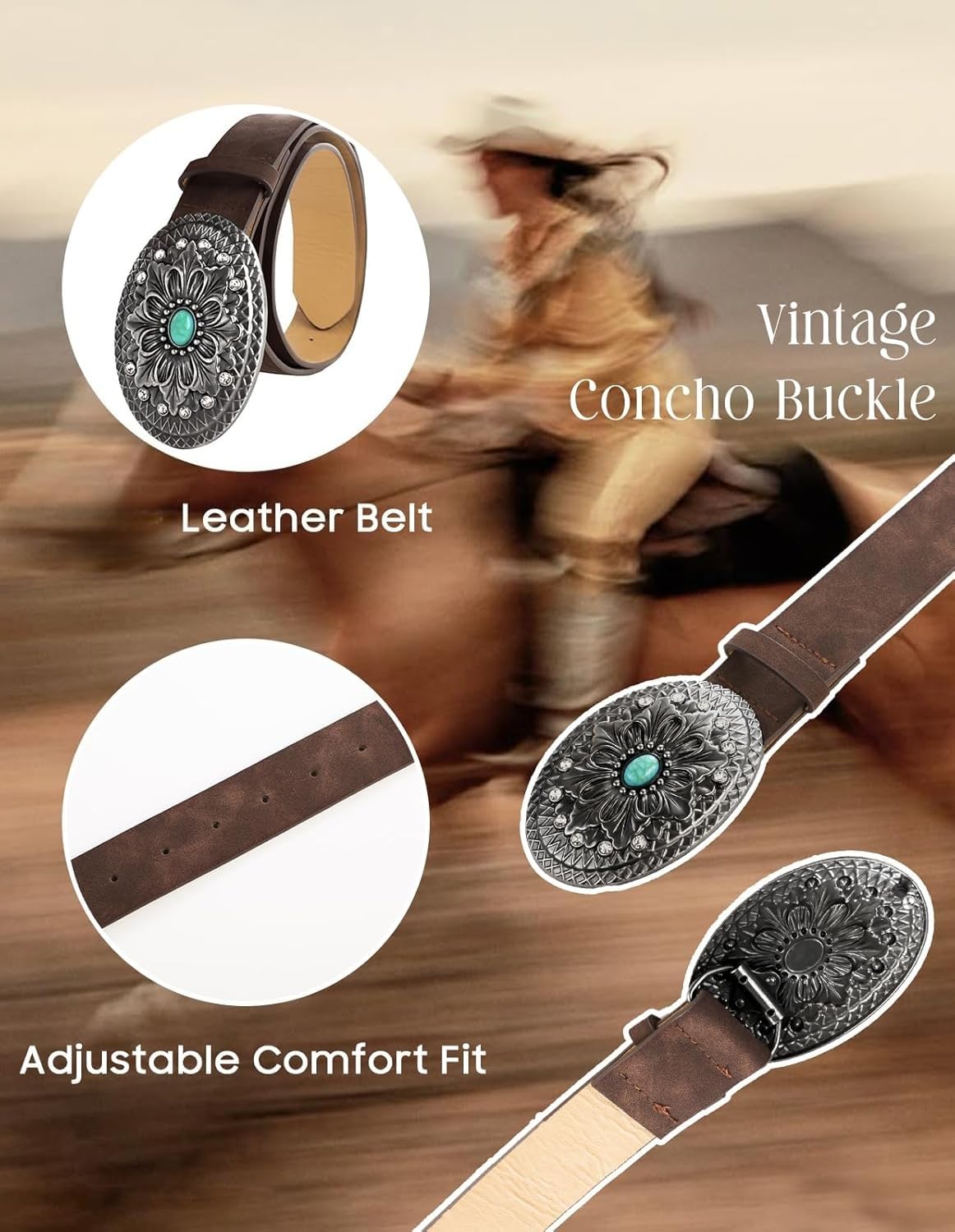 Women's Western Genuine Leather Belt Turquoise Buckle Cowgirl Country Style