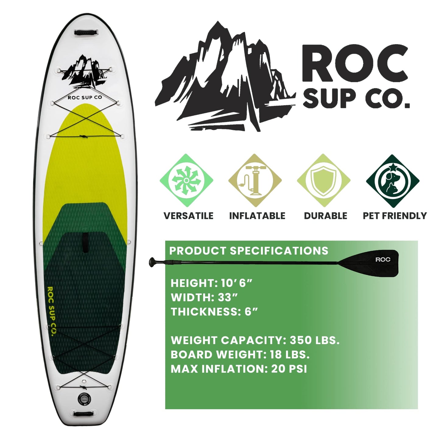 Roc Inflatable Stand Up Paddle Board 10' 6" with Premium SUP Paddle Board Accessories, Wide Stable Design, Non-Slip Comfort Deck for Youth & Adults