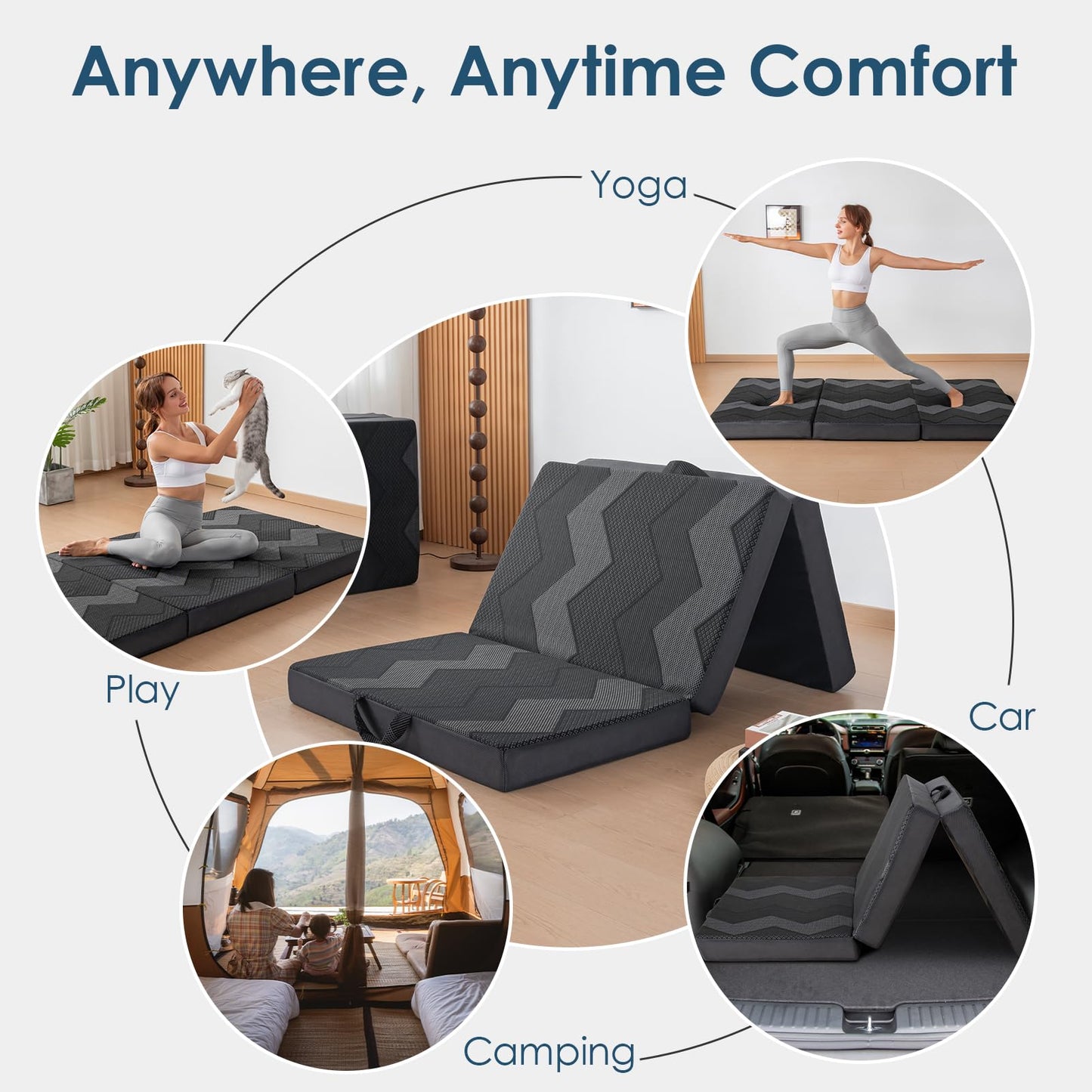 INGEROOM Trifold Mattress Queen - Memory Foam 6 inch Foldable Mattress for Camping, with Portable Handle, Non-Slip Folding Floor Bed Sofa for Guest Travel Yoga, Washable Breathable Cover