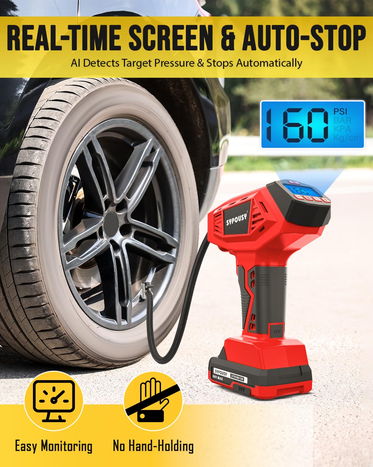Upgraded Tire Inflator Portable Air Compressor, 160PSI Cordless Air Pump with 20V Rechargeable Battery, 2X Faster Inflation, Digital Pressure Gauge for Car, Motorcycle, E-Bike & Balls (Yellow)