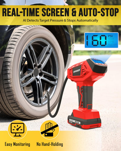 Upgraded Tire Inflator Portable Air Compressor, 160PSI Cordless Air Pump with 20V Rechargeable Battery, 2X Faster Inflation, Digital Pressure Gauge for Car, Motorcycle, E-Bike & Balls (Yellow)