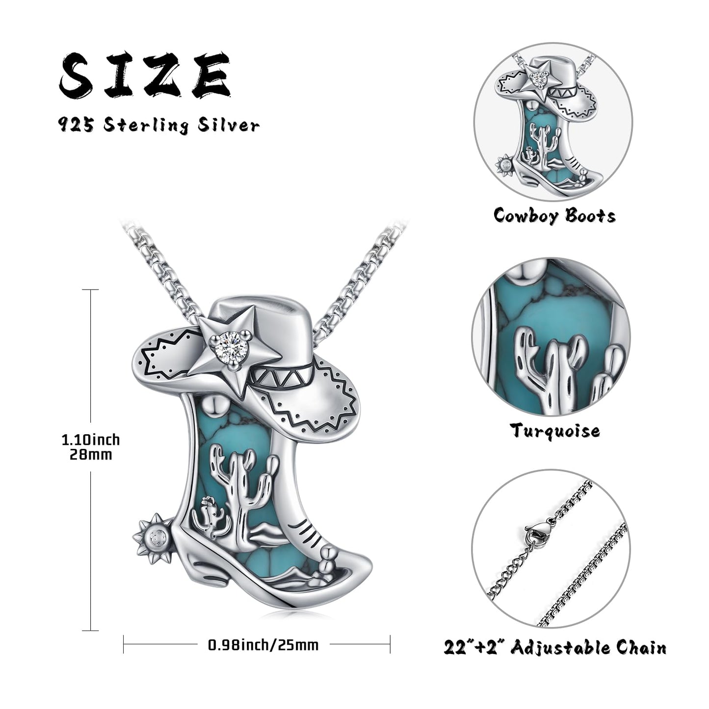 Midir&Etain Western Necklace 925 Sterling Silver Turquoise Pendant Highland Cow/Cow Skull/Hat/Tag/Cactus/Boot Cowgirl Country Jewelry for Women Men
