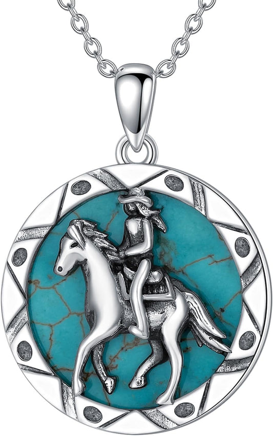 Horse and Young Lady Necklace 925 Sterling Silver Genuine Turquoise Lucky Horse Pendant Animal Jewelry Gifts for Women