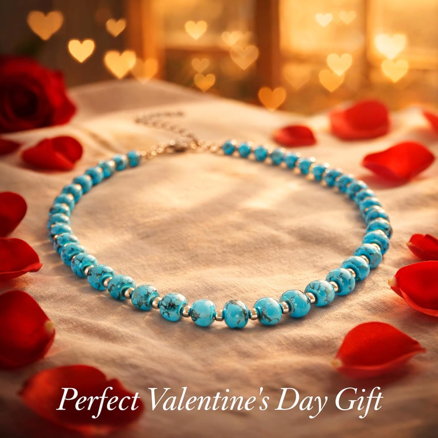 Sheplus Valentines Day Gift - 925 Sterling Silver Genuine Turquoise Beaded Choker Necklace Real Western Jewelry for Anniversary Wife