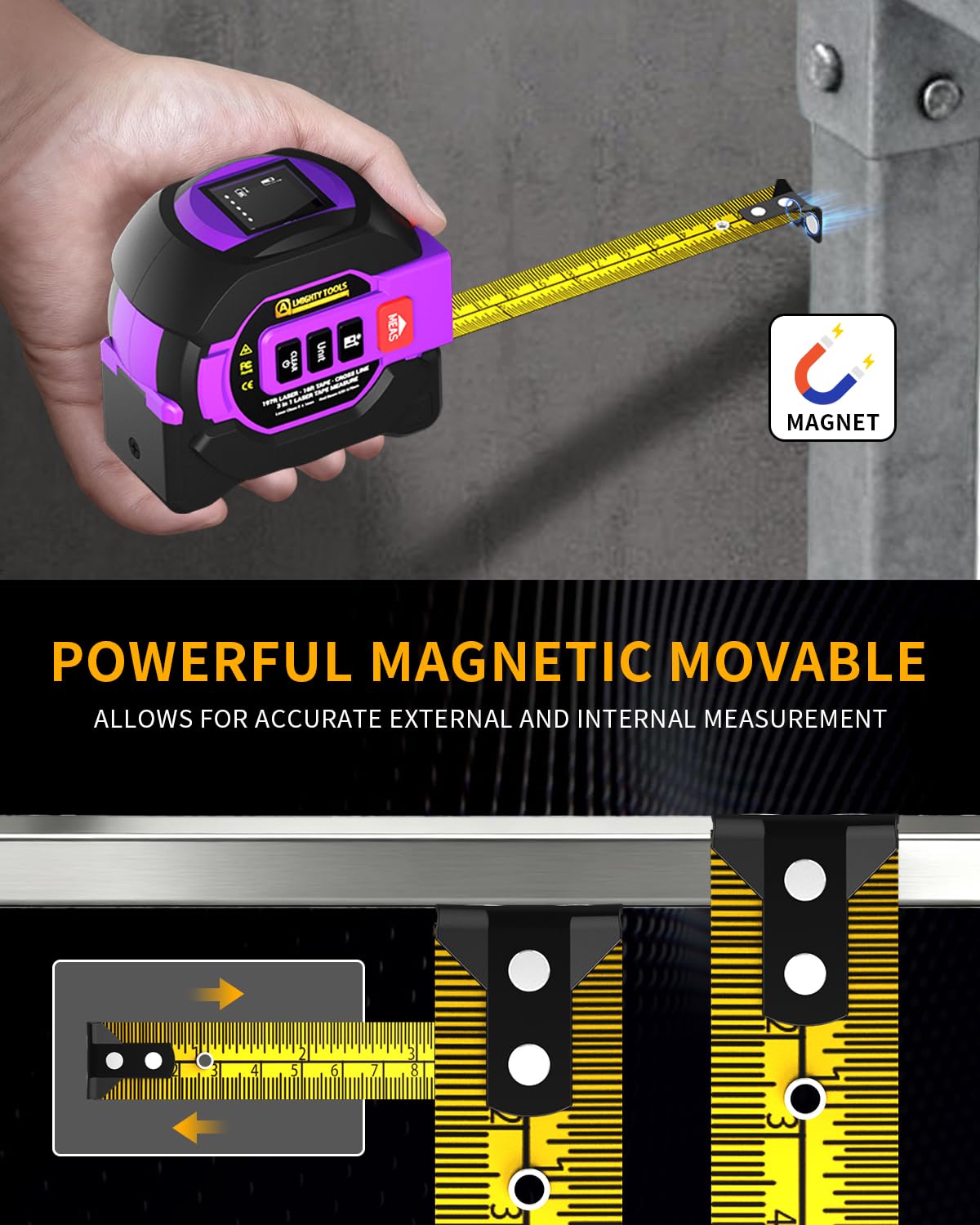 3 in 1 Digital Laser Tape Measure, 197ft/60m Laser Distance Meter, 16ft/5m Digital Tape Measure with Cross Line, AutoLock, ft/in/m Unit Switch, Measure Area, Volume, Pythagorean