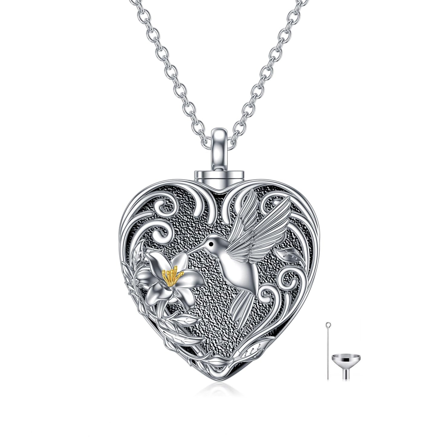 TOUPOP Hummingbird Urn Necklace for Ashes 925 Sterling Silver Heart Cremation Jewelry Keepsake Pendant with Funnel Filler Memorial Christmas Gifts for Women Mom Wife