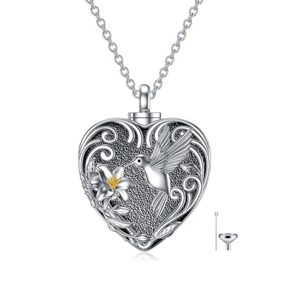 TOUPOP Hummingbird Urn Necklace for Ashes 925 Sterling Silver Heart Cremation Jewelry Keepsake Pendant with Funnel Filler Memorial Christmas Gifts for Women Mom Wife