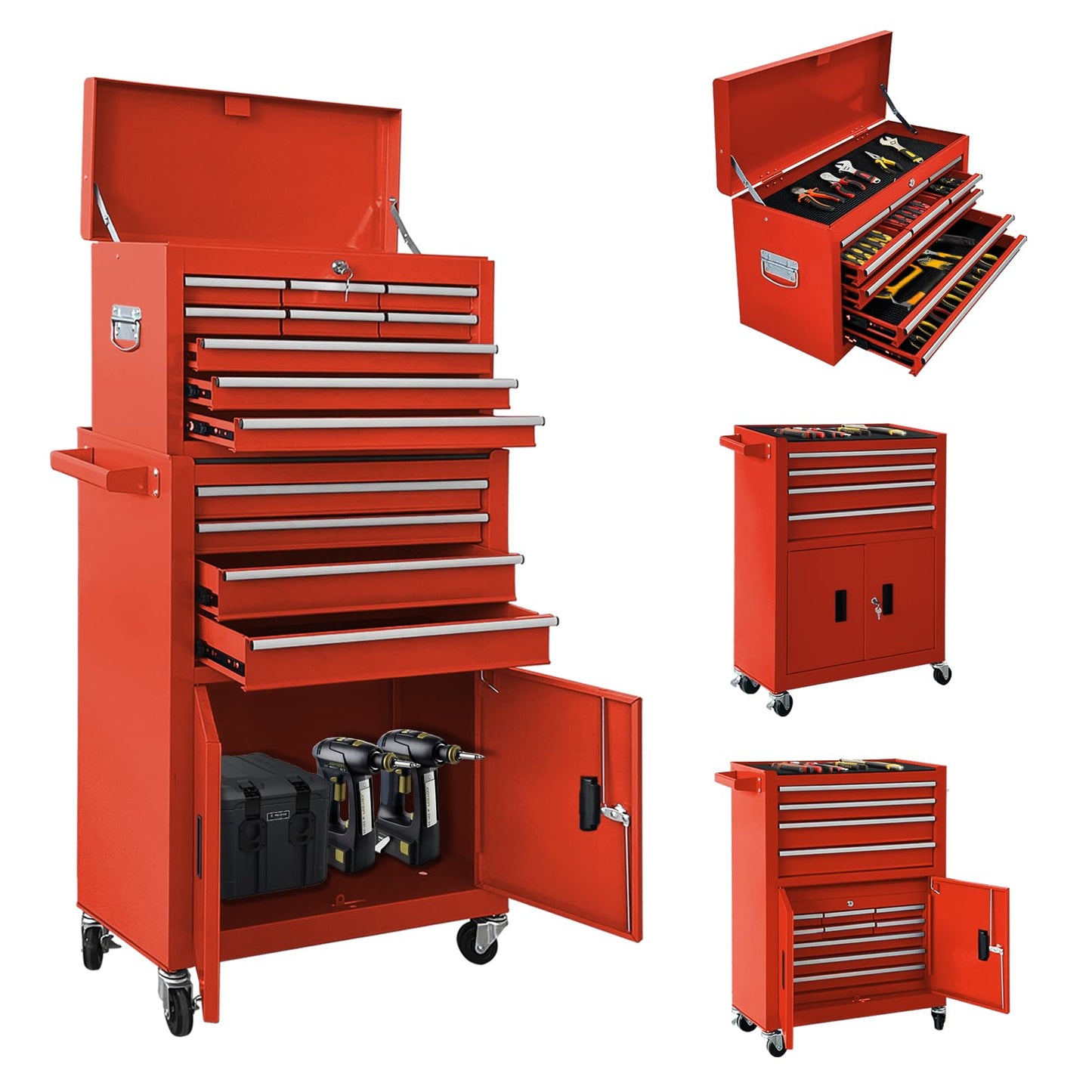 13-Drawer Double Door Rolling Tool Chest, 2 in 1 Detachable Tool Chest,Tool Box with Drawers and Wheels, Large Tool Cabinet with Lock, Metal Standing Toolbox for Garage Workshop-Red