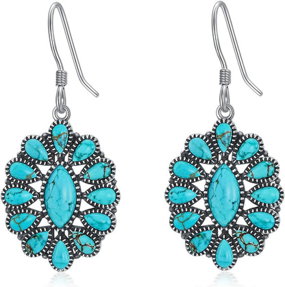 Native American Genuine Turquoise Earrings for Women 925 Sterling Silver Squash Blossom Dangle Boho Style Western Earring Jewelry for Her