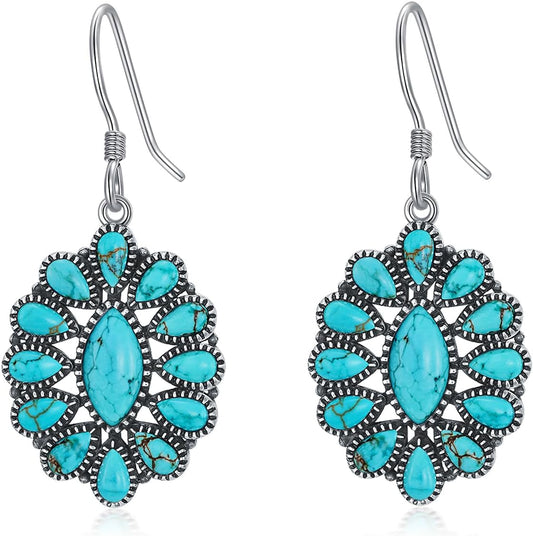 Native American Genuine Turquoise Earrings for Women 925 Sterling Silver Squash Blossom Dangle Boho Style Western Earring Jewelry for Her