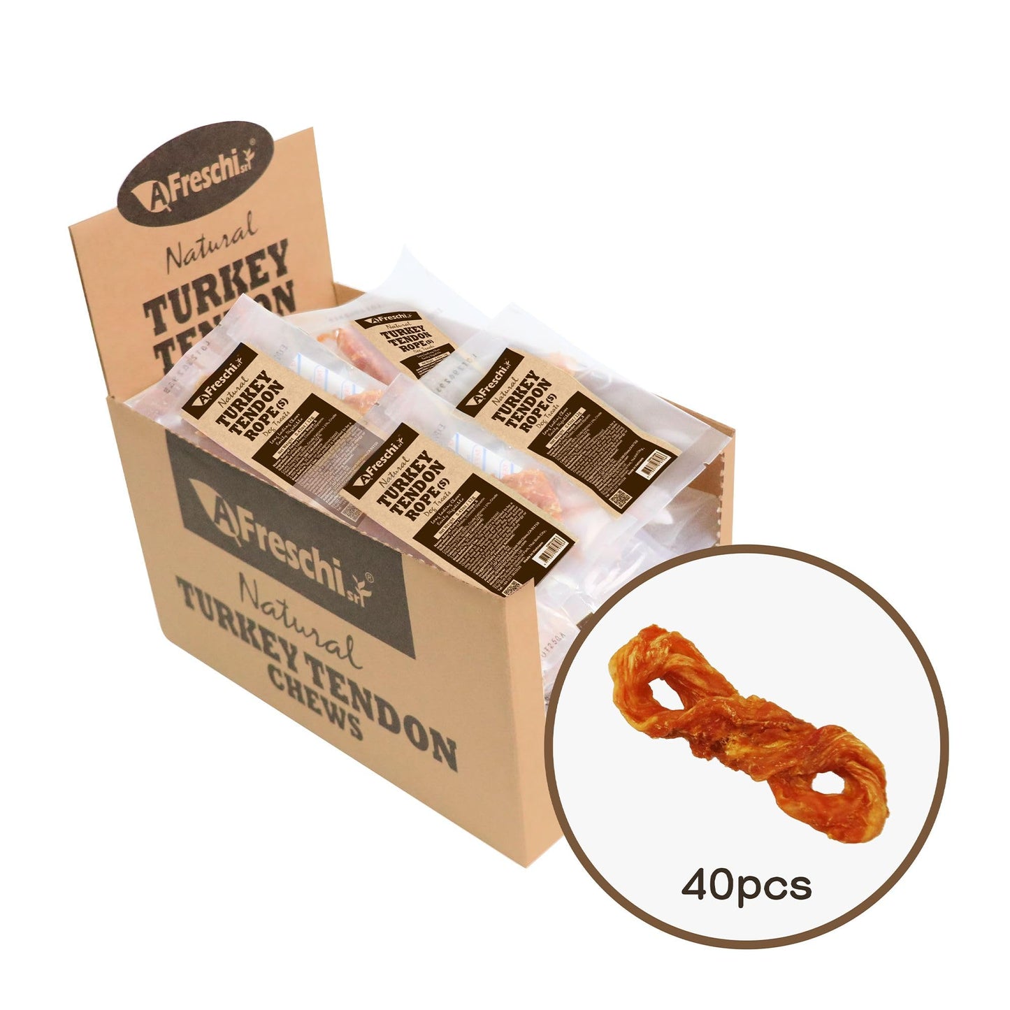 A Freschi srl Turkey Tendons for Dogs, USA-Sourced, Healthy Dog Treats, Rawhide-Free Puppy Chews, Long Lasting, All Natural, Hypoallergenic Dog Treats for Small Breeds, 40 Count Box Bone (S)