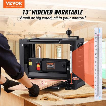 VEVOR Thickness Planer, Two-Blade, 13" Width Worktable Benchtop Planer, 15-Amp 2000W Powerful Motor, 12" Extended Infeeding Table, Low Noise for both hard & soft wood material removal