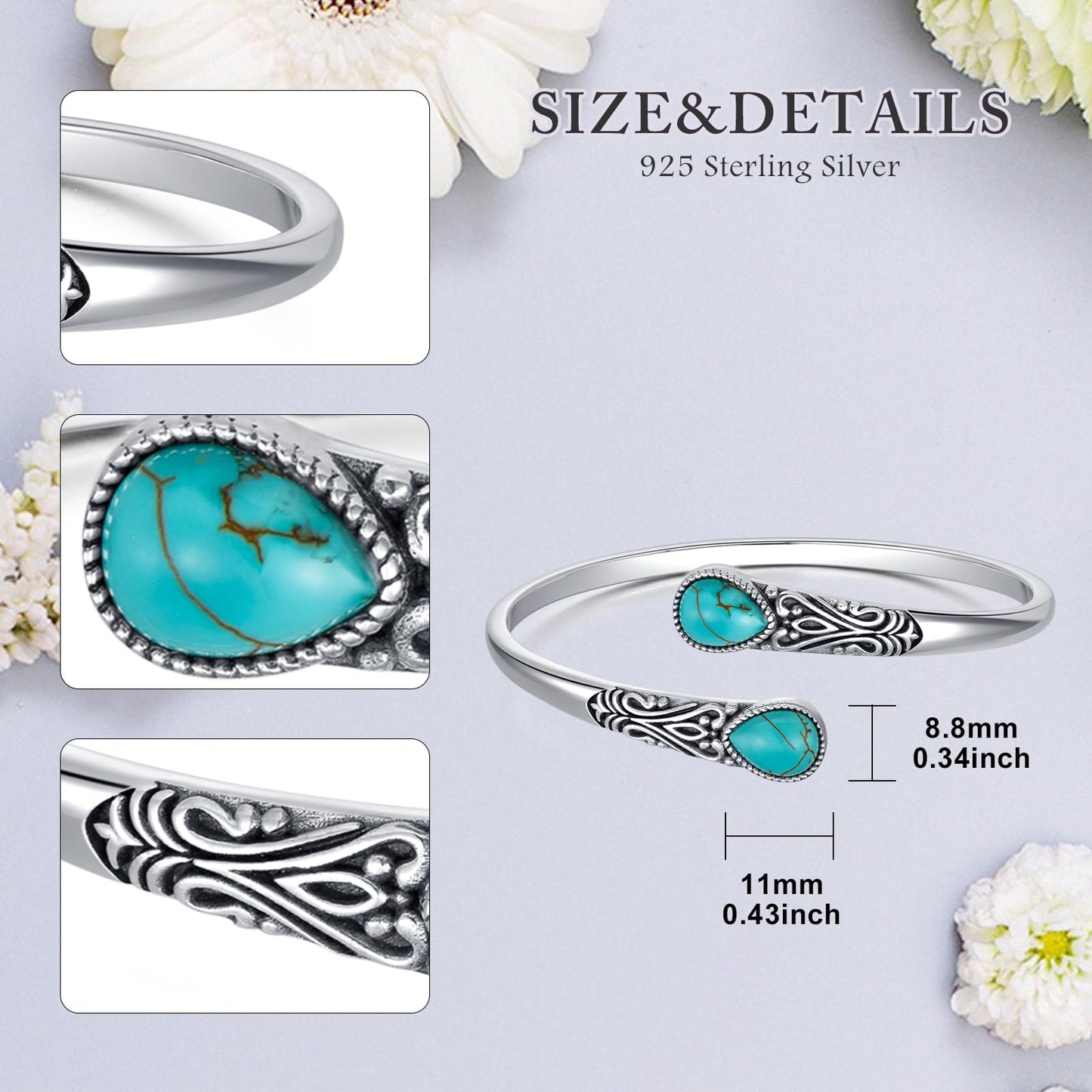 925 Sterling Silver Genuine Gemstone Bracelet for Women Men Handmade Adjustable Boho Navajo Style Bangle Cuff Natural Stone Jewelry Gift