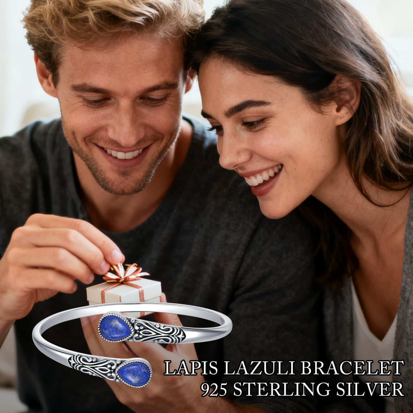 925 Sterling Silver Genuine Gemstone Bracelet for Women Men Handmade Adjustable Boho Navajo Style Bangle Cuff Natural Stone Jewelry Gift