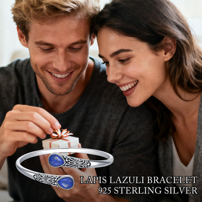 925 Sterling Silver Genuine Gemstone Bracelet for Women Men Handmade Adjustable Boho Navajo Style Bangle Cuff Natural Stone Jewelry Gift