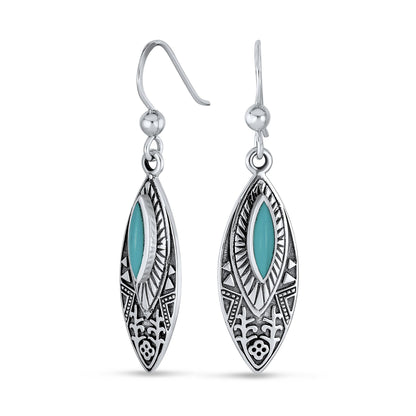 Boho Native American Style Marquise Shaped Gemstone Stabilized Blue Turquoise Coral Leaf Feather Dangling Earrings Western Jewelry For Women Teens Lever Back Oxidized .925 Sterling Silver