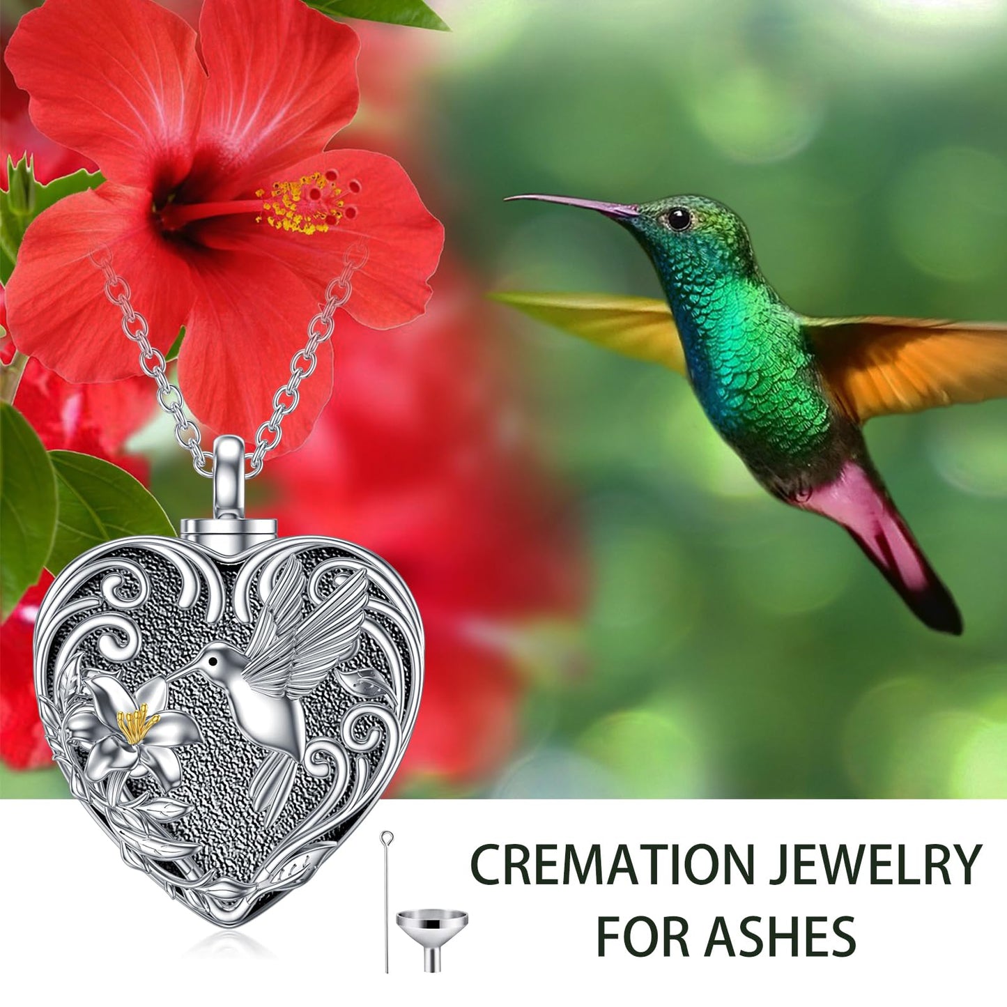 TOUPOP Hummingbird Urn Necklace for Ashes 925 Sterling Silver Heart Cremation Jewelry Keepsake Pendant with Funnel Filler Memorial Christmas Gifts for Women Mom Wife