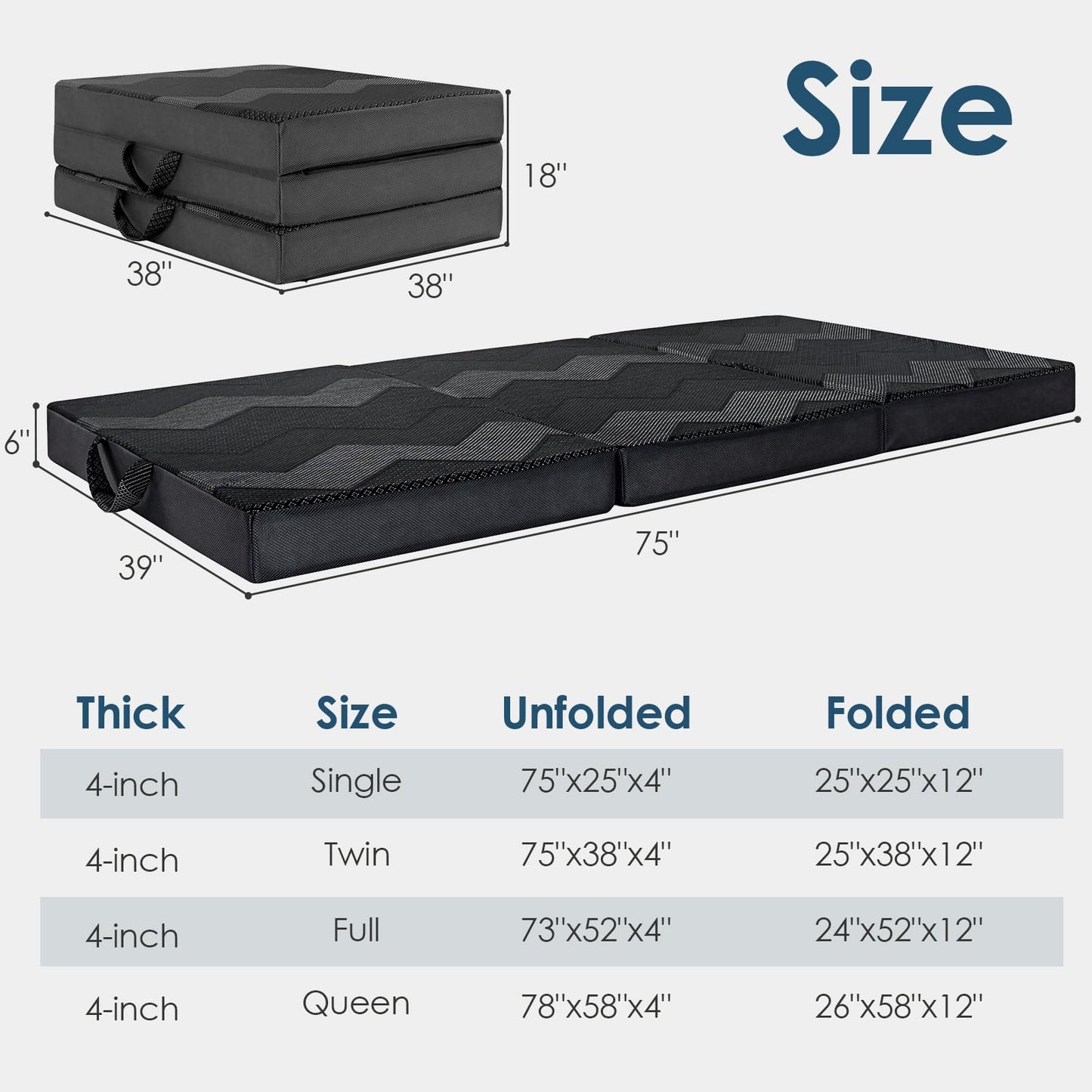 INGEROOM Trifold Mattress Queen - Memory Foam 6 inch Foldable Mattress for Camping, with Portable Handle, Non-Slip Folding Floor Bed Sofa for Guest Travel Yoga, Washable Breathable Cover