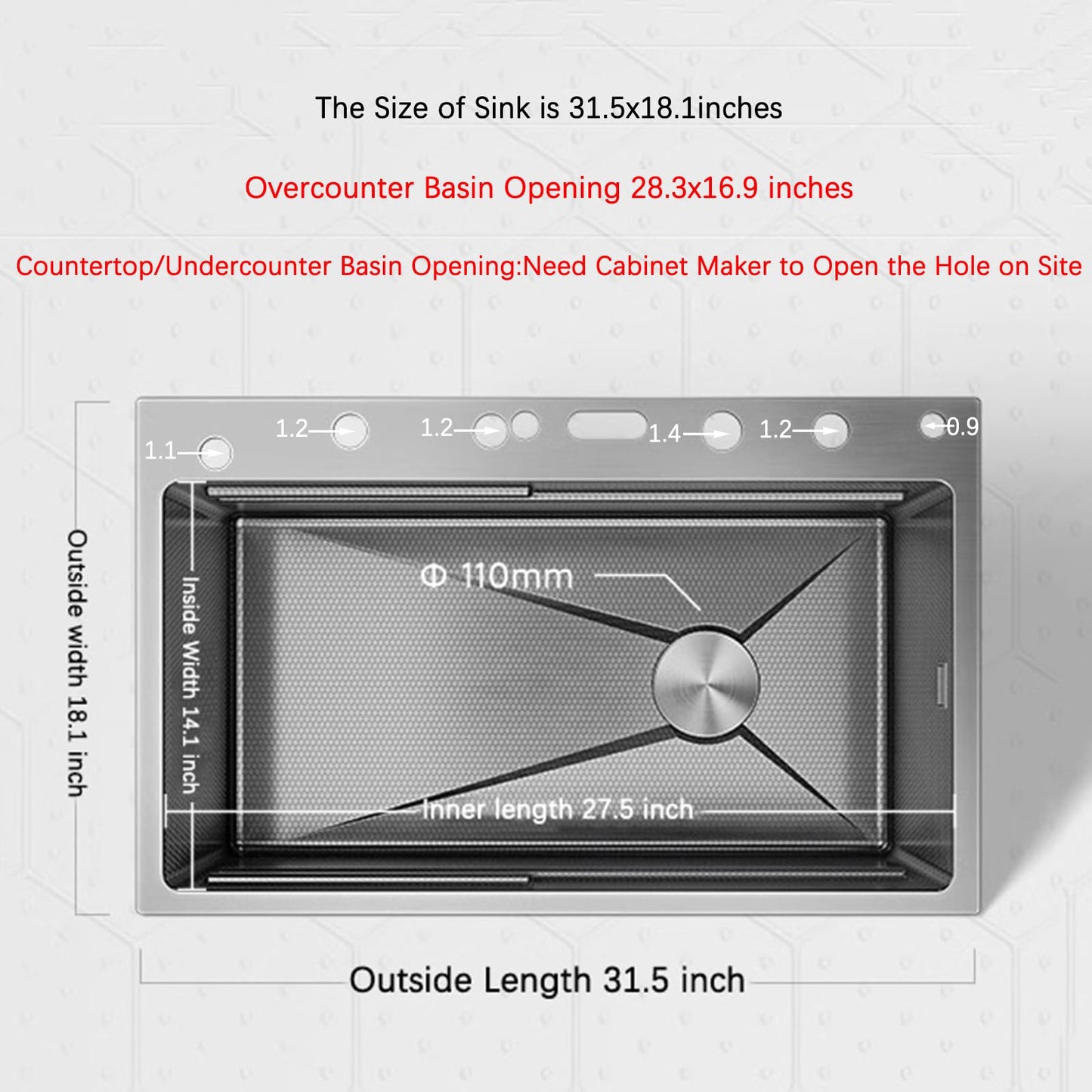 Smart Kitchen Sink 304 Stainless Steel Honeycomb Single Bowl Kitchen Sinks，Digital Display Double Waterfall Sink，With Pull-out Swivel Faucet，With Pressurized Cup Washer (31.5 x 18.1 inch)