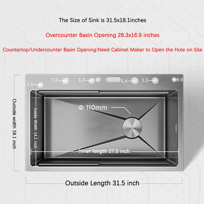 Smart Kitchen Sink 304 Stainless Steel Honeycomb Single Bowl Kitchen Sinks，Digital Display Double Waterfall Sink，With Pull-out Swivel Faucet，With Pressurized Cup Washer (31.5 x 18.1 inch)