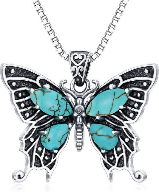 Genuine Butterfly Turquoise Vinatge Necklace, Sterling Silver Vintage Native American Western Jewelry Birthdays Gift for Women