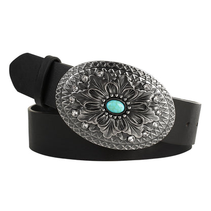 Women's Western Genuine Leather Belt Turquoise Buckle Cowgirl Country Style