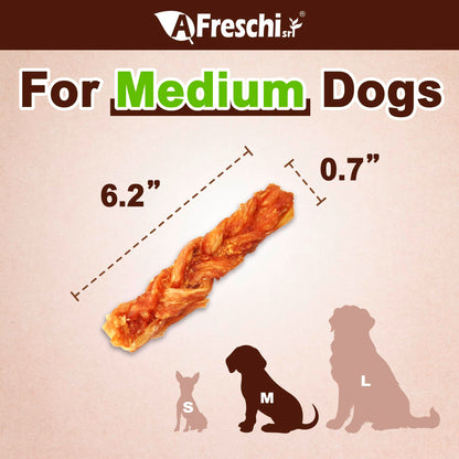 AFreschi Turkey Tendons for Dogs, USA-Sourced, Healthy Dog Treats, Rawhide-Free Puppy Chews, Long Lasting, All Natural, Hypoallergenic Dog Treats for Medium Breeds, 6 Count Pack Braid (M)