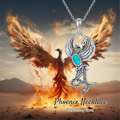 Phoenix Necklace 925 Sterling Silver Genuine Blue Turquoise Symbol of Flames of Rebirth Rising Phoenix Pendant Jewelry Gifts for Women