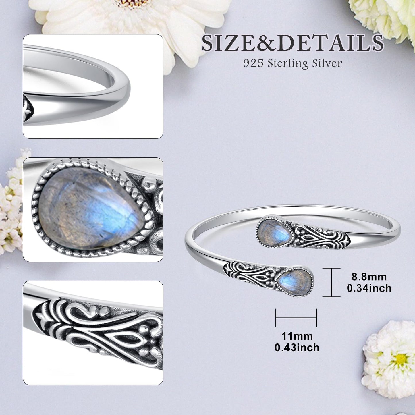 925 Sterling Silver Genuine Gemstone Bracelet for Women Men Handmade Adjustable Boho Navajo Style Bangle Cuff Natural Stone Jewelry Gift