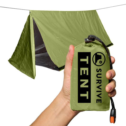 SURVIVE Survival Tent with Doors, 2 Person Mylar Emergency Camping Hiking Shelter for Survival Kits, All Weather Thermal Protection, Includes 22 ft of Paracord and Whistle