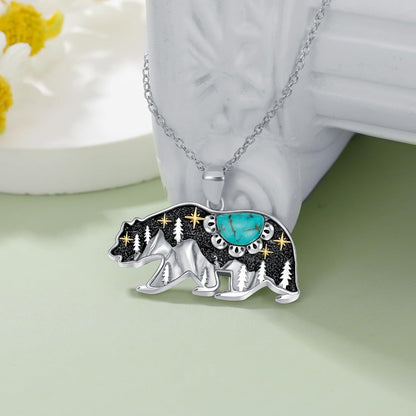 Turquoise Bear Necklace 925 Sterling Silver Genuine Blue Turquoise Vintage Nature Bear Pendant Western Jewelry Gifts for Women