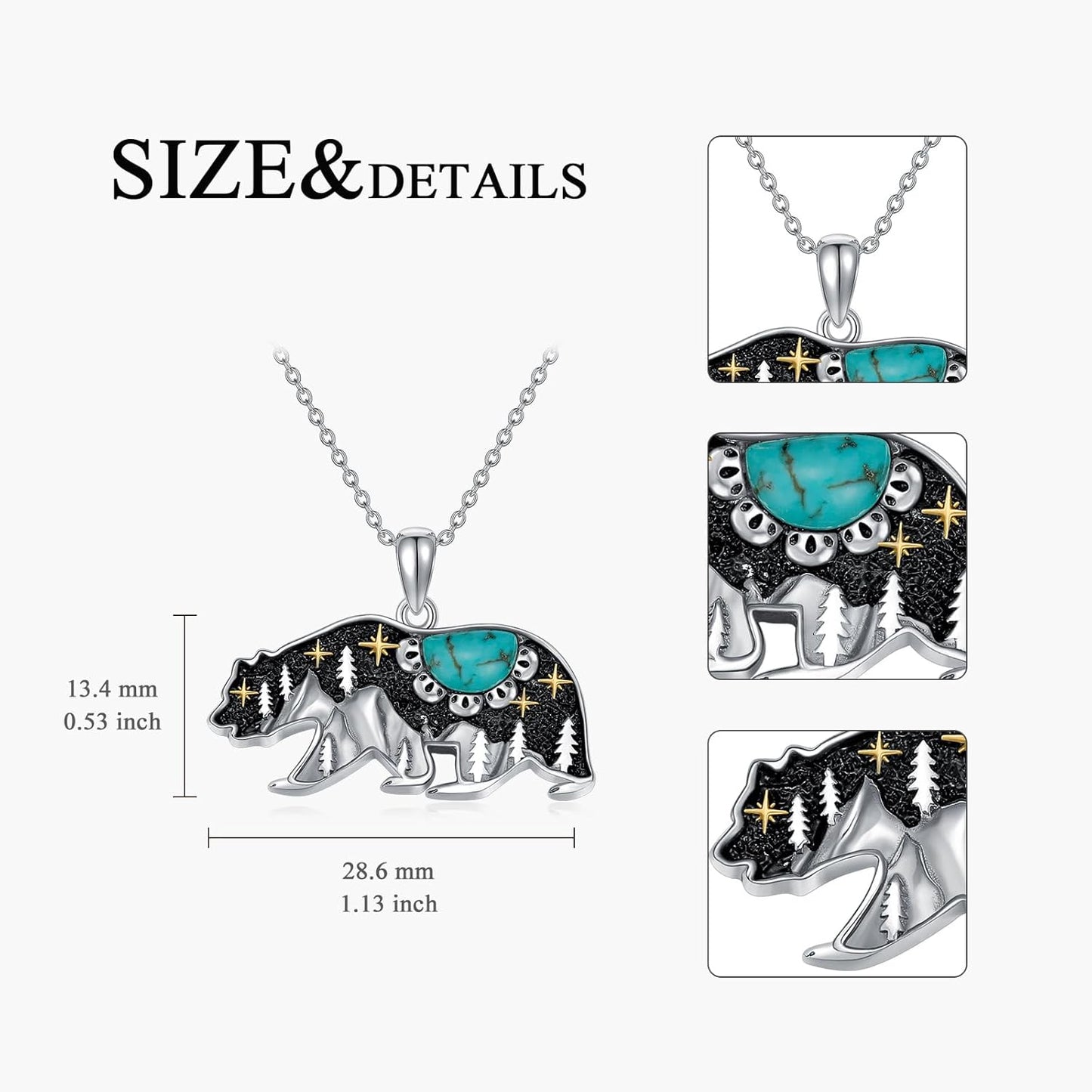 Turquoise Bear Necklace 925 Sterling Silver Genuine Blue Turquoise Vintage Nature Bear Pendant Western Jewelry Gifts for Women