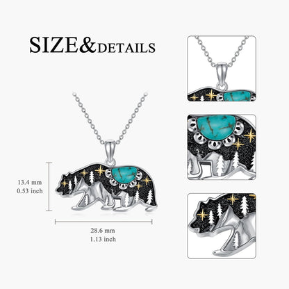 Turquoise Bear Necklace 925 Sterling Silver Genuine Blue Turquoise Vintage Nature Bear Pendant Western Jewelry Gifts for Women