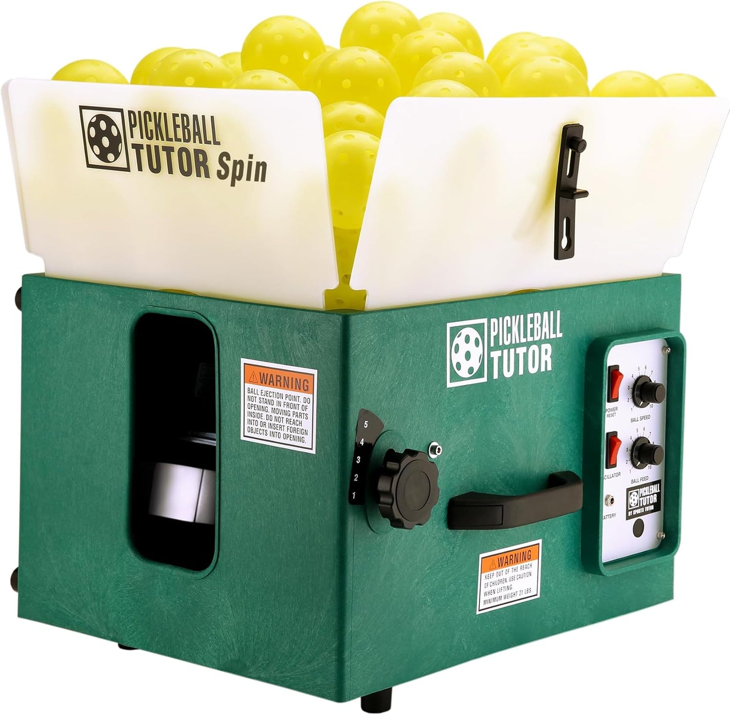 Pickleball Tutor Spin Model Ball Machine. Variable SIDESPIN. Speed 60 MPH. Random Oscillator. Made in USA by #1 Pickleball Machine Company.