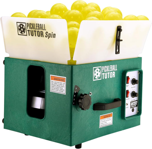 Pickleball Tutor Spin Model Ball Machine. Variable SIDESPIN. Speed 60 MPH. Random Oscillator. Made in USA by #1 Pickleball Machine Company.