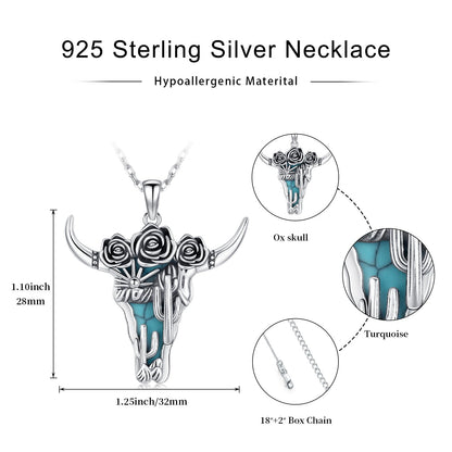 Midir&Etain Western Necklace 925 Sterling Silver Turquoise Pendant Highland Cow/Cow Skull/Hat/Tag/Cactus/Boot Cowgirl Country Jewelry for Women Men