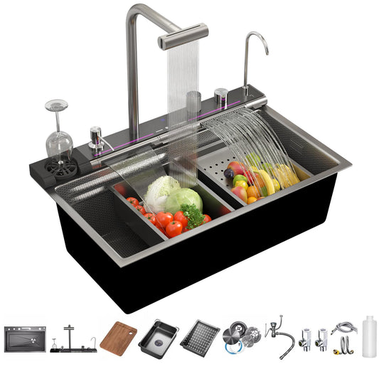 Smart Kitchen Sink 304 Stainless Steel Honeycomb Single Bowl Kitchen Sinks，Digital Display Double Waterfall Sink，With Pull-out Swivel Faucet，With Pressurized Cup Washer (31.5 x 18.1 inch)