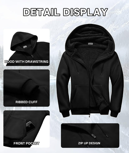 V VALANCH Men Hoodies Zip Up Sherpa Lined Sweatshirts Heavyweight Thick Warm Fleece Winter Jacket