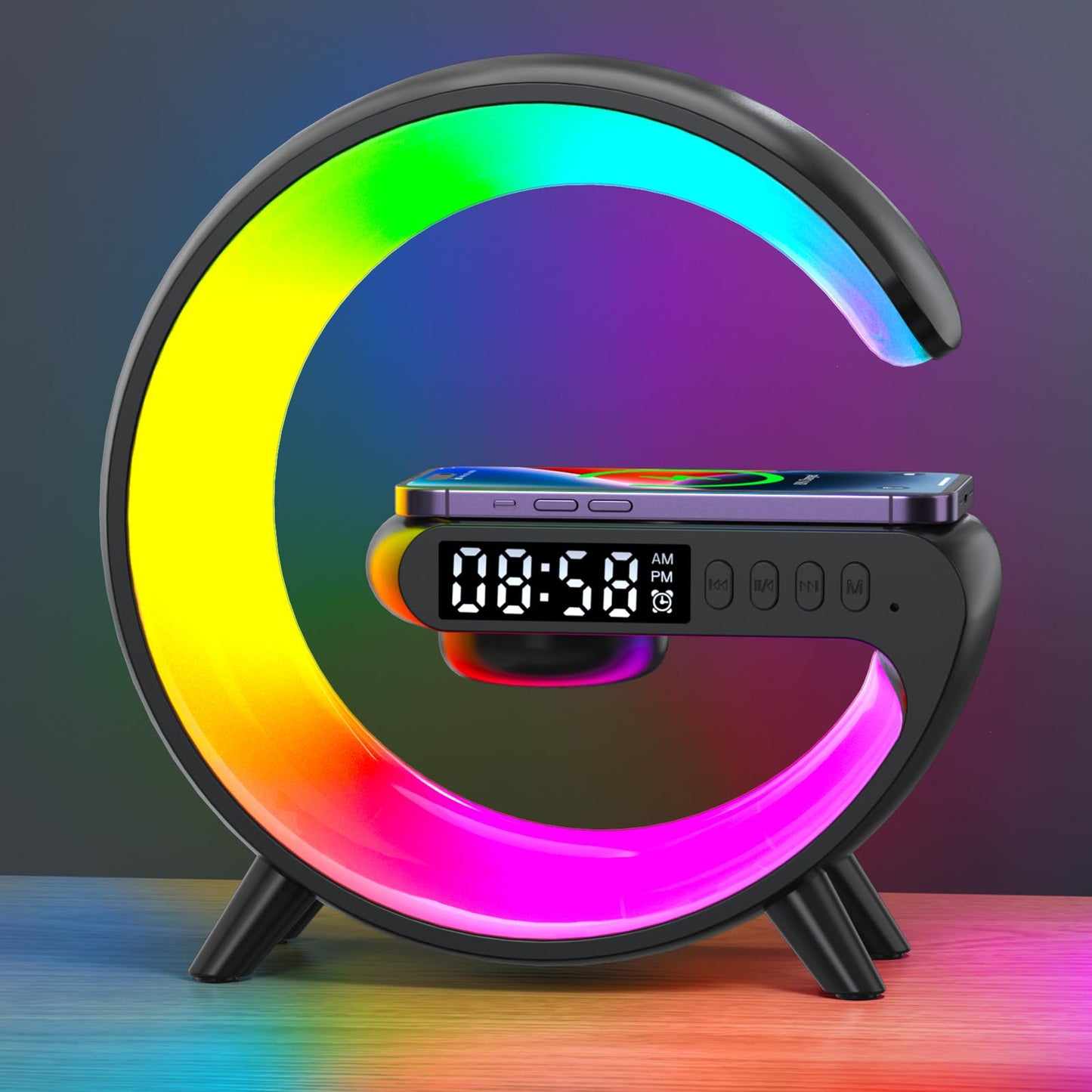New Wireless Speaker Charger, Atmosphere Light with Wireless Charging Function, Table Lamp, Bedside Lamp with Alarm Clock & Charging Function, Bedroom Bedside Lamp, Gifts (Black)