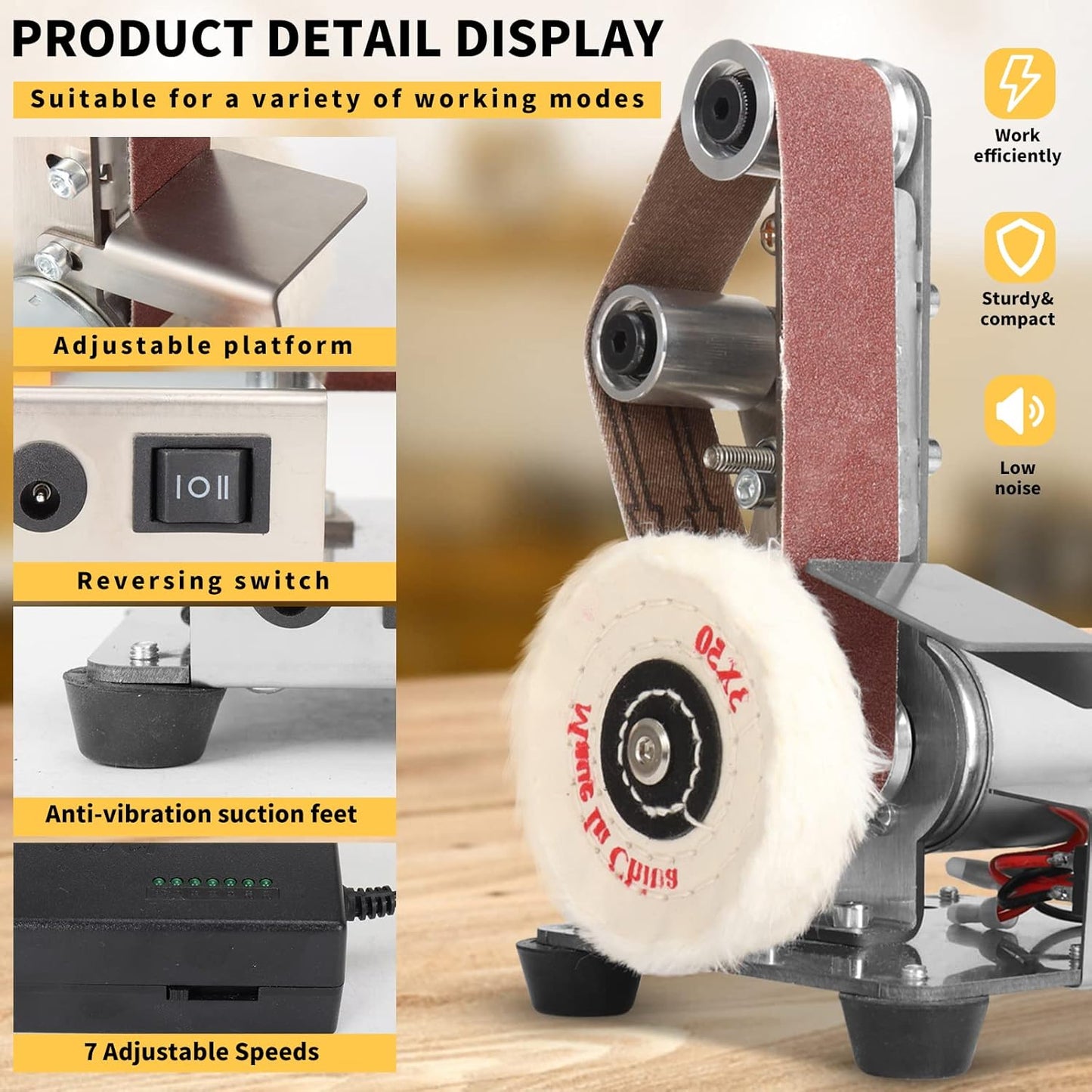 3-In-1 Mini Belt Sander - Adjustable Speed Electric Grinding Sanding Machine, Handcraft System Bench Grinder Polisher Buffer for DIY Craft Wood Stained Glass Jewelry Making (Plus Kit)