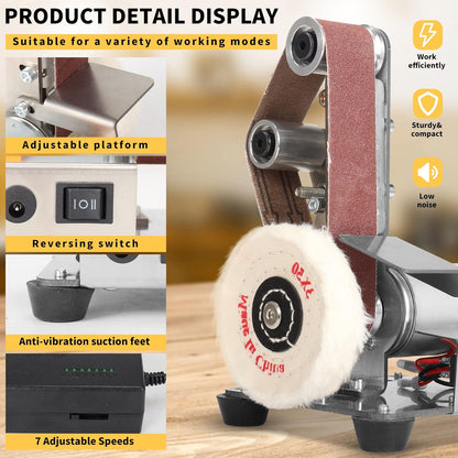 3-In-1 Mini Belt Sander - Adjustable Speed Electric Grinding Sanding Machine, Handcraft System Bench Grinder Polisher Buffer for DIY Craft Wood Stained Glass Jewelry Making (Plus Kit)