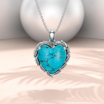 Genuine Gemstone Heart Necklaces for Women 925 Sterling Silver Natural Turquoise/Rose Quartz/Moonstone Pendant Vintage Western Jewelry Gift for Mom Wife Her