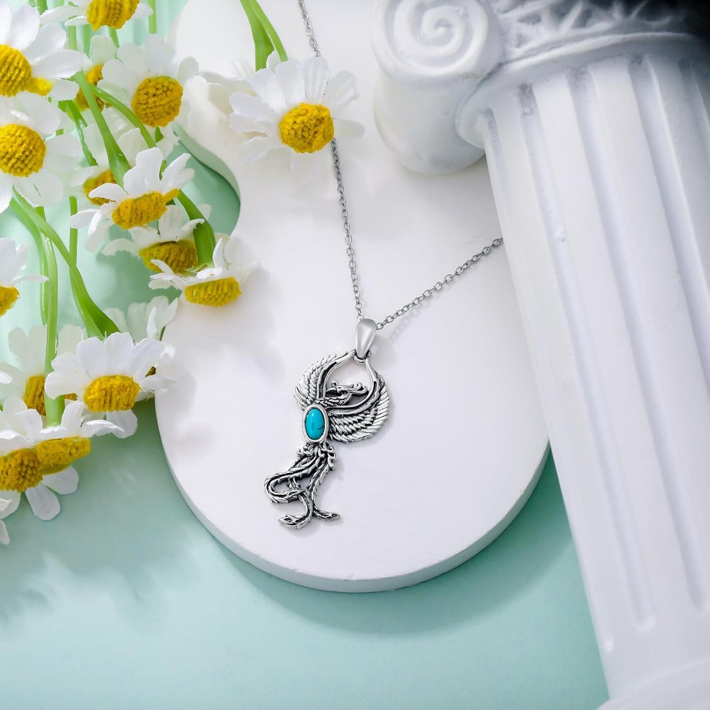 Phoenix Necklace 925 Sterling Silver Genuine Blue Turquoise Symbol of Flames of Rebirth Rising Phoenix Pendant Jewelry Gifts for Women