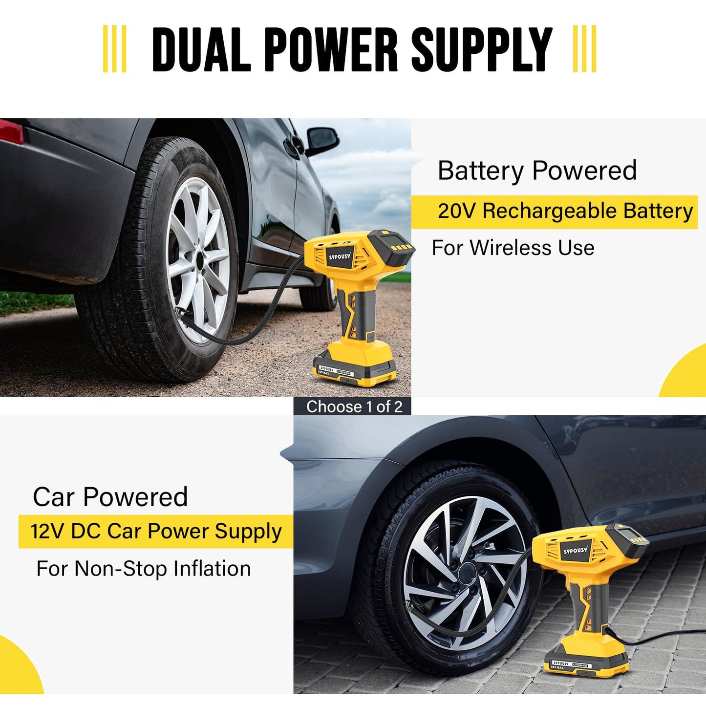 Upgraded Tire Inflator Portable Air Compressor, 160PSI Cordless Air Pump with 20V Rechargeable Battery, 2X Faster Inflation, Digital Pressure Gauge for Car, Motorcycle, E-Bike & Balls (Yellow)