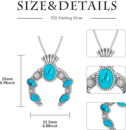 Real Turquoise Squash Blossom Necklace 925 Sterling Silver Ethnic Tribal Turquoise Gemstone Pendant Western Bohemian Jewelry Gifts for Women