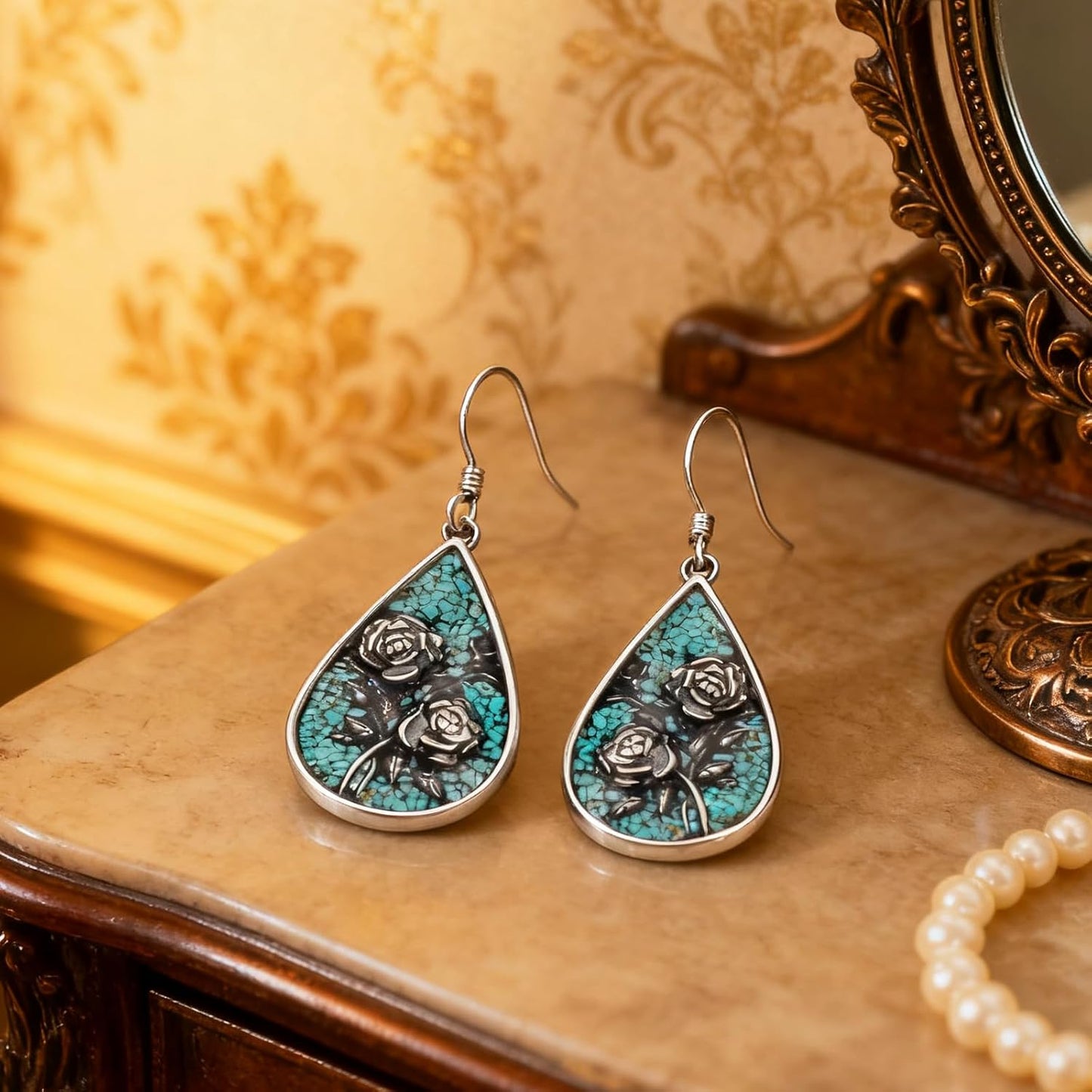 Genuine Turquoise Rose Vintage Earrings, Sterling Silver Boho Native American Western Teardrop Earrings Jewelry for Women