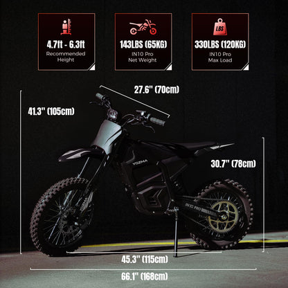 Yozma IN10 Pro Electric Dirt Bike, 5500W, 50MPH, 60 Mi Range, 17"/14" Tires | 60V 27Ah Battery with BMS,Features Hydraulic Brakes & Dual Shock Absorption for Mud, Rocks, & Off-road Fun.
