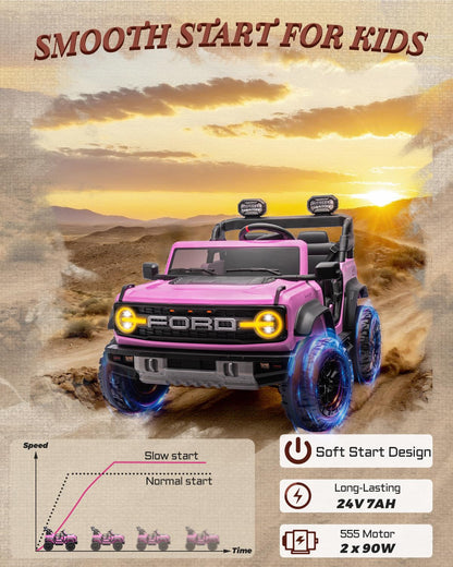 First Ride On 24V Ride on Toys for Big Kids, Licensed Ford Bronco Raptor 2 Seater Ride on Cars with Remote Control, Ride on Truck w/ 4-Wheeler Suspension, 3 Speeds, Led Lights, Bluetooth (24V, Pink) | First Ride On, 24V, for Big Kids, 2 Seater, with Remot