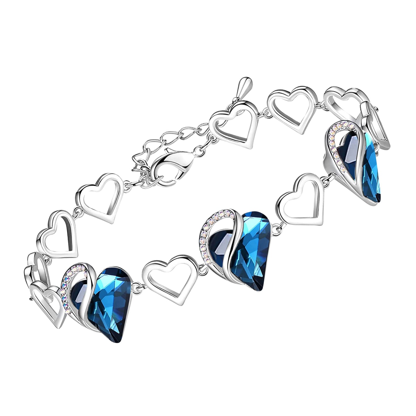 Leafael Infinity Love Heart Link Bracelets, Birthstone or Healing Stone Crystal Bracelet for Women, Silver Tone Jewelry Gifts for Her, 7-inch Chain and 2-inch Extender